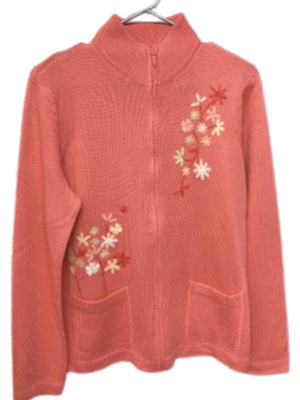 Coral Pink Embroidered Knit Cardigan Jacket, Medium, Penman's,Grandmacore - Picture 5 of 7